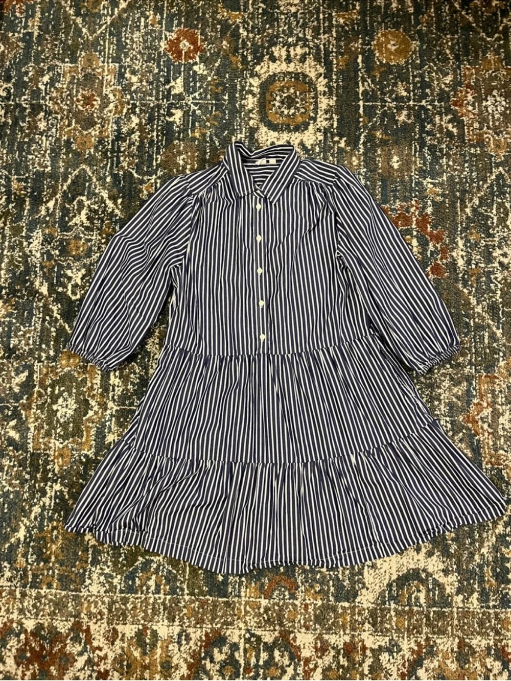 GAP Navy and White Striped Button-Front Tiered Dress